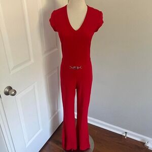 Y2K‎ RED LA FETE BELTED FLARE LEG JUMPSUIT